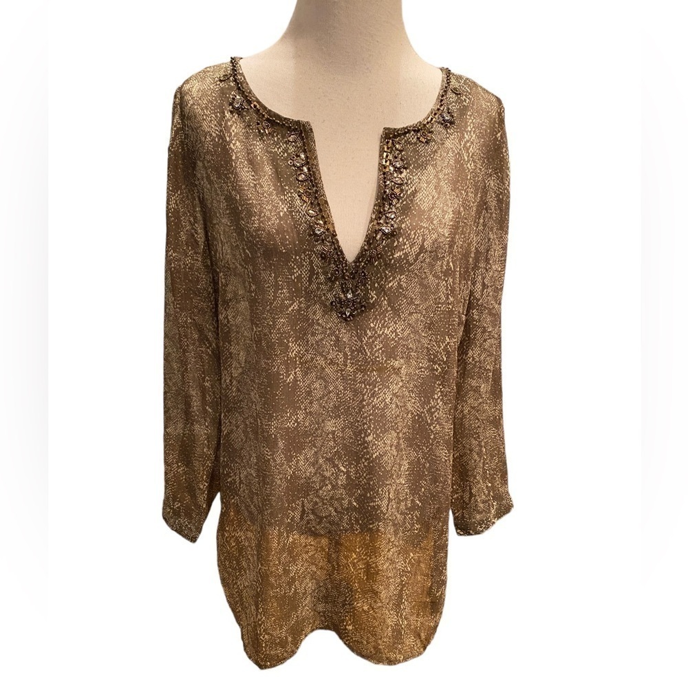 Chico’s Sheer Chiffon Snake-Print Tunic with Bead and Sequin trim on Neckline